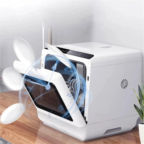 Straight Up Great Portable Countertop Dishwasher Compact Kitchen Tableware Cleaner with open door and dishes inside.