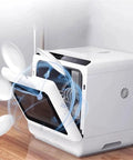 Portable Countertop Dishwasher For Small Apartments Saves Serious Space And Cuts Water Bill Easy Hookup with open door showing interior.