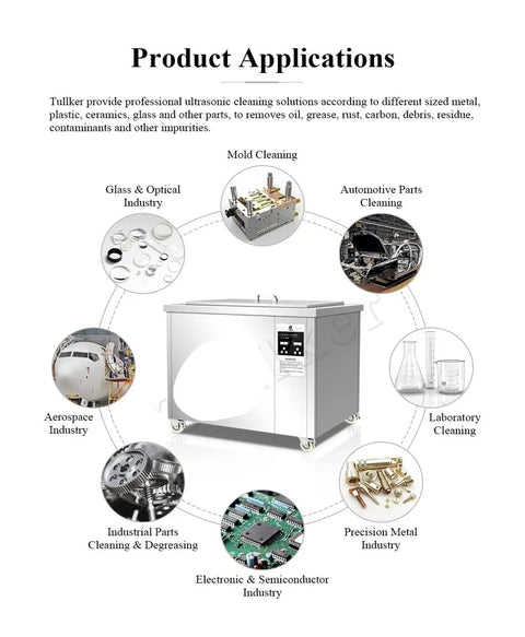 Applications of Top Notch 175L Industrial Ultrasonic Cleaning Machine for Heavy Duty Metal Car Parts Engine Blocks in various industries.