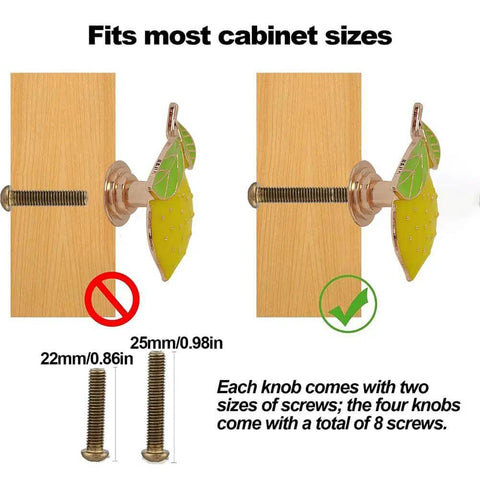 Gotta Grab These Sick Solid Zinc Lemon Drawer Knobs Fresh Citrus Cabinet Handles mounted on cabinet with screws shown.