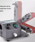 Tough As Nails 350W Wet And Dry Bench Sander With Rock Solid Steel Frame showing adjustable grinding arm and digital screen.
