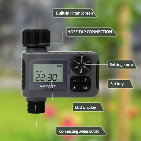Programmable Sprinkler Timer For Garden Hose Faucet With Rain Delay No Fuss Manual And Automatic Drip Irrigation Weatherproof Yard Lawn Pool Watering System 1 Outlet Black showing LCD display and controls.