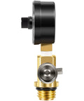 Brass air relief valve with pressure gauge for pool filter; brass body, black cap, threaded bottom.