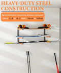 Heavy Duty Wall Mounted Lumber Storage Rack With 6 Levels Up To 720 Lbs Capacity, orange arms, holding skis and skateboard