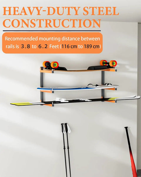 Heavy Duty Wall Mounted Lumber Storage Rack With 6 Levels Up To 720 Lbs Capacity, orange arms, holding skis and skateboard