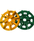 Fresh 7 Inch Diamond Metal Bond Grinding Disc Wheel For Auto Polishing Machine Wet Cutting Tool With M6 Hole And Grit Options Like 50 To 400, showing yellow and green discs.