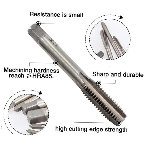 7 Piece Metric Tap Set HSS Tapping Tools M3 M4 M5 M6 M8 M10 M12 For Metalworking Pro Grade Hand Tap Kit with various tap features.
