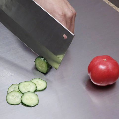 Stainless Steel Kitchen Cutting Board Big Size 50 By 40 Cm For Meat Fruits Veggies Bread And Baking Heavy Duty Yet Lightweight Space Saving Prep Surface with cucumber slices and a tomato