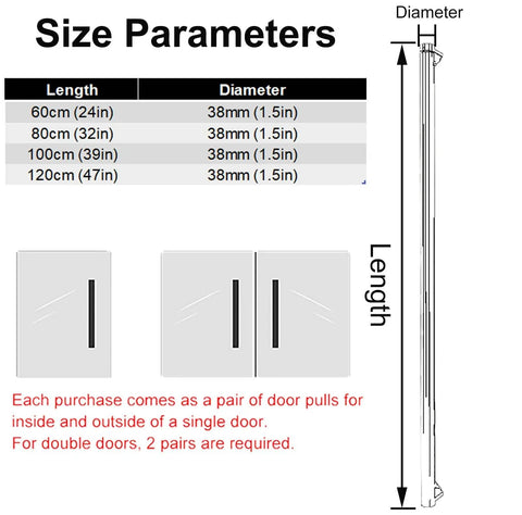 Premium Stainless Steel Barn Door Push Pull Handle Set size chart for 24, 32, 39, 47 inch solid wood and glass doors