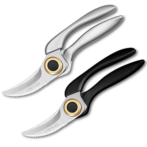 Two Heavy Duty Kitchen Scissors With Non Slip Handle And Auto Unlock For Cutting Meat Poultry Roasts Turkey And Fish Serrated Stainless Steel Blades With Ergonomic Grip Tough Yet Easy To Use Everyday Kitchen Tool, one with silver handle and another with black.
