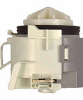 Side view of white Dishwasher Drain Pump Replacement 00631200 OEM Quality showing installation ports and connectors.