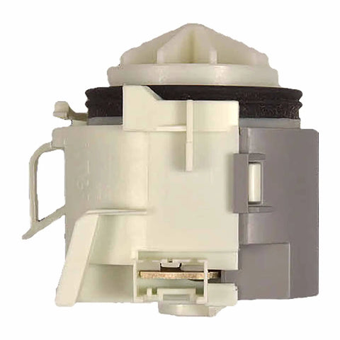 Side view of white Dishwasher Drain Pump Replacement 00631200 OEM Quality showing installation ports and connectors.