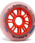 Close-up of Elemental Inline Speed Skate Wheels 90mm Set Of 8 85A Urethane with orange core for training and racing, showing side details.