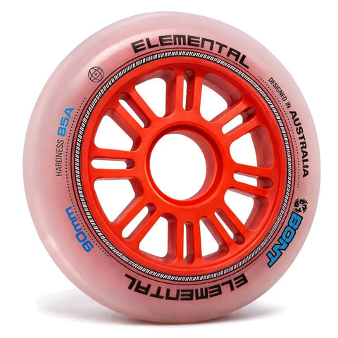 Close-up of Elemental Inline Speed Skate Wheels 90mm Set Of 8 85A Urethane with orange core for training and racing, showing side details.