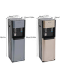 Two bottom loading water cooler dispensers with hot and cold spouts, dual temperature control, in dark gray and beige, floor standing.