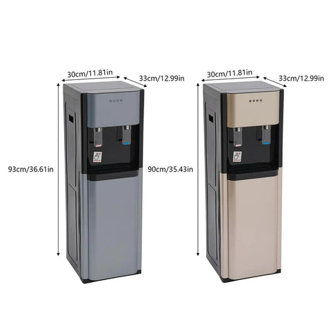 Two bottom loading water cooler dispensers with hot and cold spouts, dual temperature control, in dark gray and beige, floor standing.