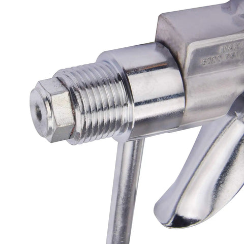 Close-up of High Pressure 5000 PSI Airless Paint Spray Gun With Base And 517 Tip Silver Pro Sprayer for DIY projects and professional jobs