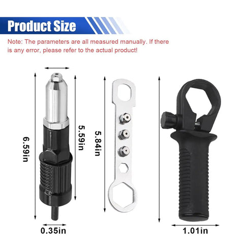 Cordless Rivet Gun Tool Kit With Four Rivet Heads 2.4mm 3.2mm 4.0mm And 4.8mm, dimensions with wrench and handle
