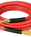 No BS Heavy Duty Rubber Air Hose 1/4 Inch By 25 Feet 300 Psi Air Compressor Line with solid brass fittings coiled in red.