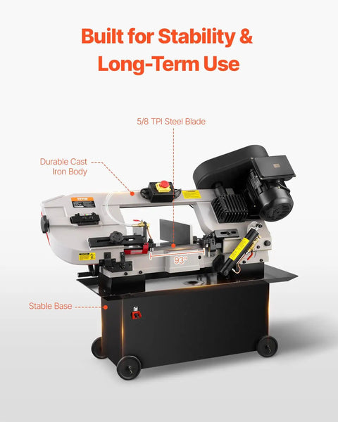 Metal Horizontal Band Saw With 7 By 12 Inch Rectangular Cutting Capacity, Dual 110V To 220V Power, 1.1 kW Motor, on stand