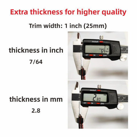 Automotive molding trim, glossy black, close-up view; 16 ft universal bumper/window/door strip, 1 in wide, 2.8 mm thick.