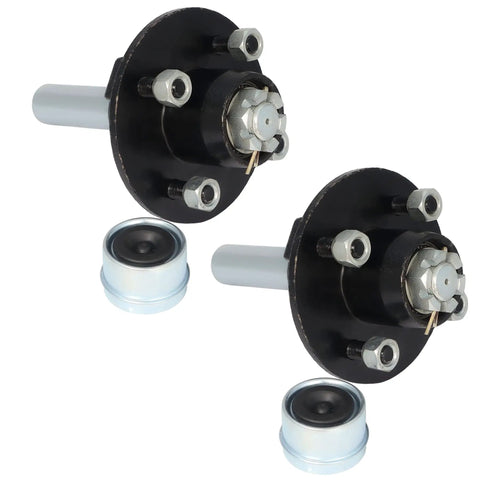 Heavy Duty Two Pack Trailer Idler Hub Kit Fits 2000 Lb Axle With Four On Four Bolt Pattern And One Inch BT8 Spindle close-up view with bearings.