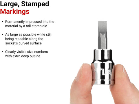 Hands holding Three Eighth Inch Drive Five Sixteenth Slotted Bit Socket With S2 Steel Bit Press Fit and stamped size markings.