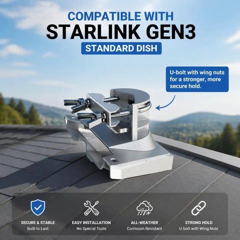 Starlink Gen 3 Mounting Kit With 51 Inch Pole And Pipe Adapter attached to roof, showing secure U-bolt with wing nuts.