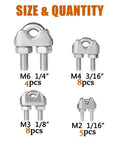 25 Pack Stainless Steel Wire Rope Cable Clamps Kit U Shaped Bolts Saddle Nuts For 1/16 Inch 1/8 Inch 3/16 Inch And 1/4 Inch Cables Corrosion Resistant Heavy Duty DIY Rigging Fasteners with size and quantity labels
