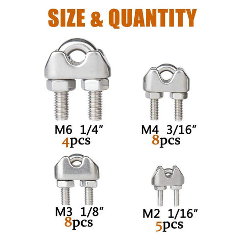25 Pack Stainless Steel Wire Rope Cable Clamps Kit U Shaped Bolts Saddle Nuts For 1/16 Inch 1/8 Inch 3/16 Inch And 1/4 Inch Cables Corrosion Resistant Heavy Duty DIY Rigging Fasteners with size and quantity labels