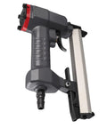 Heavy Duty Pneumatic Brad Nailer With 100 Nail Capacity And Slick Jam Clearing Tech For Smooth Carpentry Woodworking And Diy Projects, gray metal design.