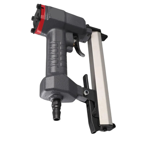 Compact Pneumatic Brad Nailer With 100 Nail Capacity And Dry Fire Guard Lightweight Finish Tool For Trim And Flooring showing angled view.