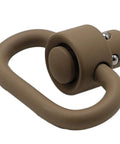 Badass Two Pack Heavy Duty Push Button QD Sling Swivels In Tan Built From Military Grade Steel With A One Point Two Five Inch Loop For Rock Solid Quick Release Gun Gear close-up of tan steel sling swivel with push button