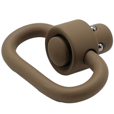 Badass Two Pack Heavy Duty Push Button QD Sling Swivels In Tan Built From Military Grade Steel With A One Point Two Five Inch Loop For Rock Solid Quick Release Gun Gear close-up of tan steel sling swivel with push button