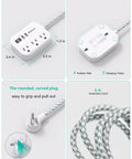 Flat Design Power Strip With USB Ports And 5 Foot Extension Cord showcasing dimensions and features with a rounded plug.
