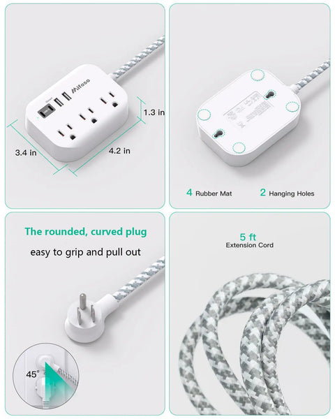 Flat Design Power Strip With USB Ports And 5 Foot Extension Cord showcasing dimensions and features with a rounded plug.