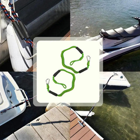 Master Chill Marine Docking With These 4 Foot Green Bungee Dock Lines Featuring Heavy Duty Stainless Clip Rock Solid Boat And Jet Ski Tether No Knot Rope For Kayak Pontoon Or Dinghy Easy Setup, shown in use on various boats.