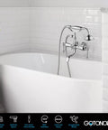 Wall mount clawfoot faucet with handheld shower on bathtub, polished chrome finish, Vintage Style Dope Bathtub Filler displayed.