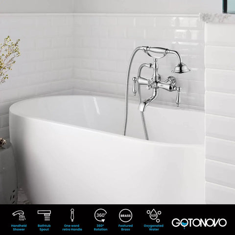 Wall mount clawfoot faucet with handheld shower on bathtub, polished chrome finish, Vintage Style Dope Bathtub Filler displayed.