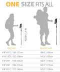 Size chart showing Lightweight Collapsible Trekking Poles With Telescopic Tri Fold Design Aluminum 7075 Walking Sticks adjustment range.