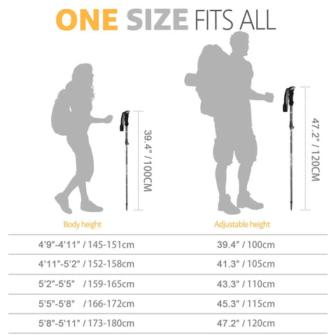 Size chart showing Lightweight Collapsible Trekking Poles With Telescopic Tri Fold Design Aluminum 7075 Walking Sticks adjustment range.