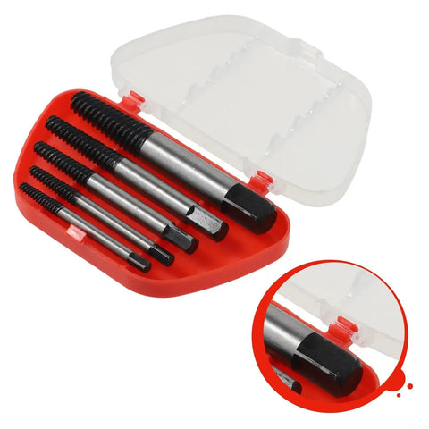 Super Easy Out Strip Screw Remover Kit 5 Piece Extractor For Broken Rusted Bolts And Damaged Fasteners High Carbon Steel Hardened Tools With Storage Case To Fix That Headache Like A Boss., 5-piece high carbon steel extractors in red case, shown open