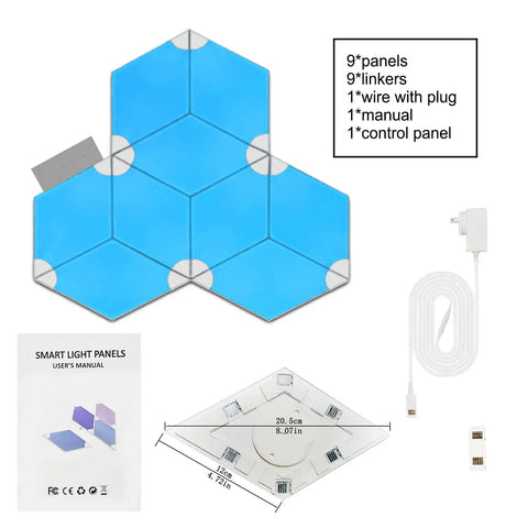 Smart Rhombus LED Wall Panels for Gaming Setup, 9 pack RGB colorful rhythm edition with app control components shown