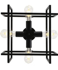 Slick Black 4 Light Ceiling Fixture, Industrial Farmhouse Flush Mount Chandelier with exposed cube cage design, front view.