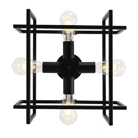 Slick Black 4 Light Ceiling Fixture, Industrial Farmhouse Flush Mount Chandelier with exposed cube cage design, front view.