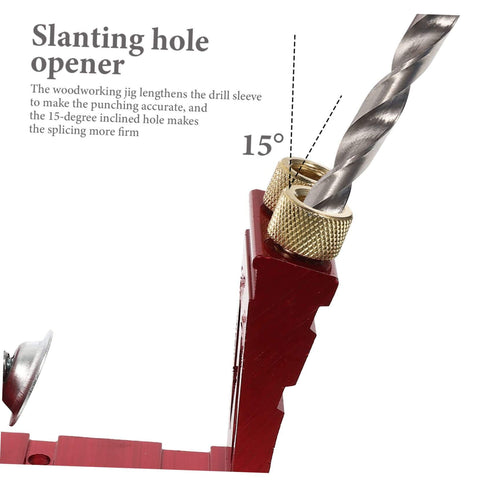 Pocket Hole Jig For Woodworking With Quick Clamp And Drilling Locator Guide Rail, showing 15 Degree Inclined Holes setup