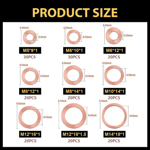 Copper Washer Kit 200 Piece Assortment For Oil Drain Plugs And Banjo Bolts Go To Gasket Set M5 Through M14 sizes displayed