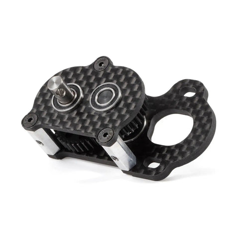 Ultra Light Portal Transmission Carbon Gearbox With Adapter Plate for 1x10 Scale Rigs, showing carbon texture and output shaft