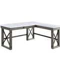 Top Notch L Shape Electric Sit Stand Computer Desk Featuring Snap Adjust Height Controls Capacious Sliding Barn Door Cabinet And Tangled Cord Elimination Setup Made For Cozy Home Offices, with white top and gray wooden legs.