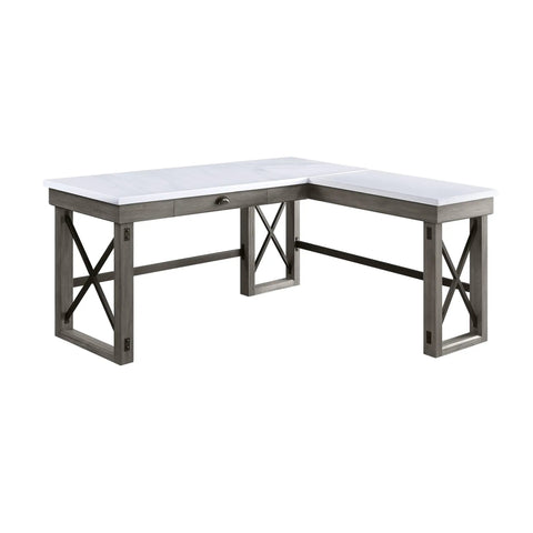 Top Notch L Shape Electric Sit Stand Computer Desk Featuring Snap Adjust Height Controls Capacious Sliding Barn Door Cabinet And Tangled Cord Elimination Setup Made For Cozy Home Offices, with white top and gray wooden legs.